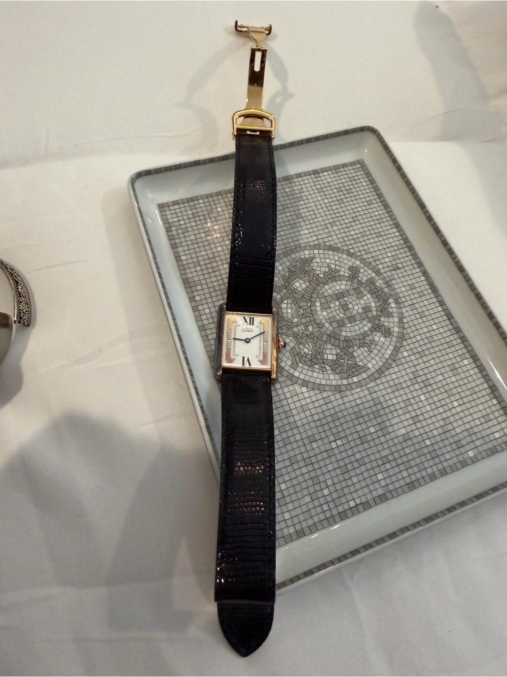 cartier vintage watch Gold Case Black Leather Strap Women's Dress Watch